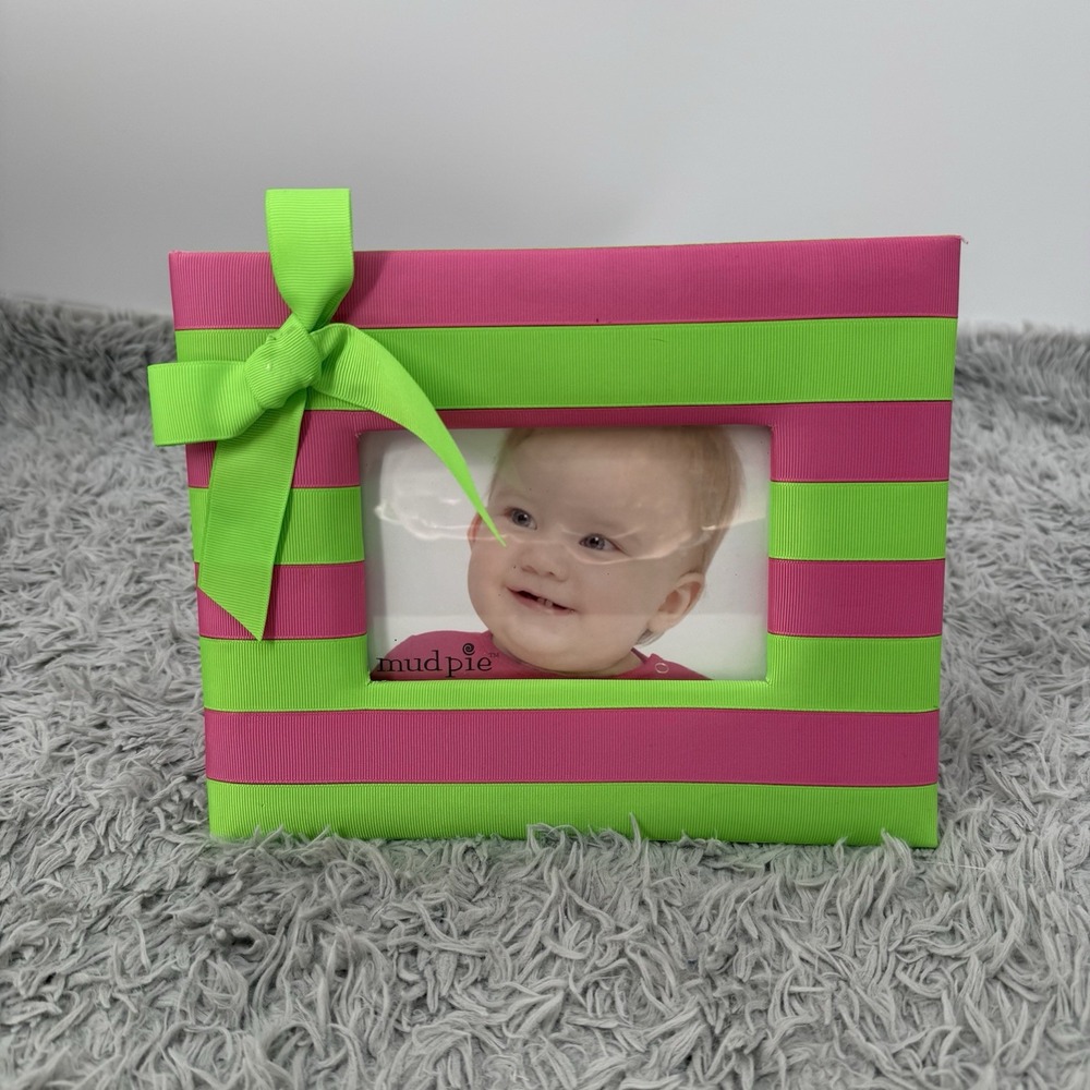 Y2K Picture Frame VTG Mud Pie Lil Sprout Pink Green Ribbon Photo Frame 4x6